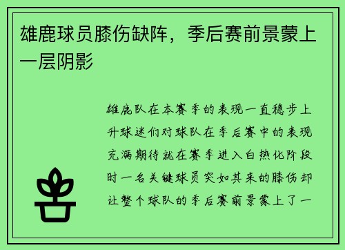 雄鹿球员膝伤缺阵，季后赛前景蒙上一层阴影