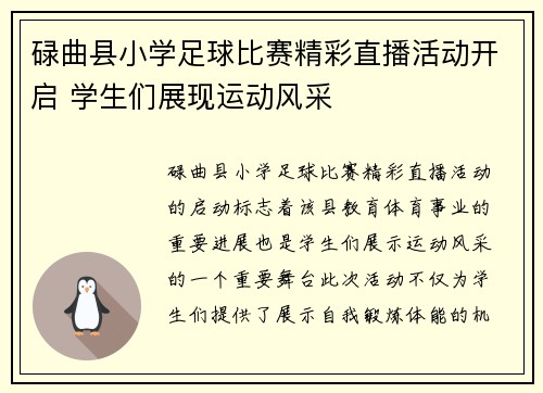 碌曲县小学足球比赛精彩直播活动开启 学生们展现运动风采